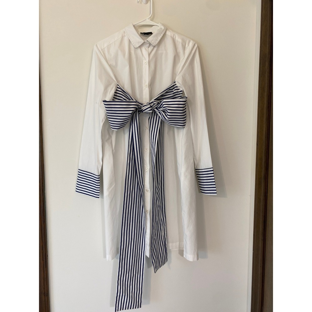 Lumiere White Shirt Dress Navy Striped Bow Fabric Sash Back Button Detail Medium